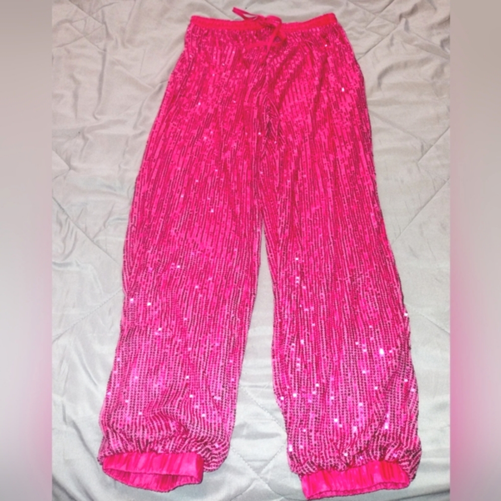 NWOT Hot Pink Sequin Joggers with Front Pockets - Picture 2 of 2